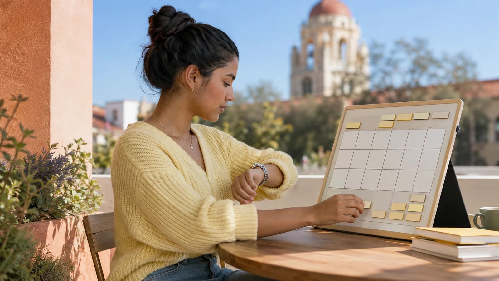 Student placing blank study blocks around fixed commitments on a tabletop calendar