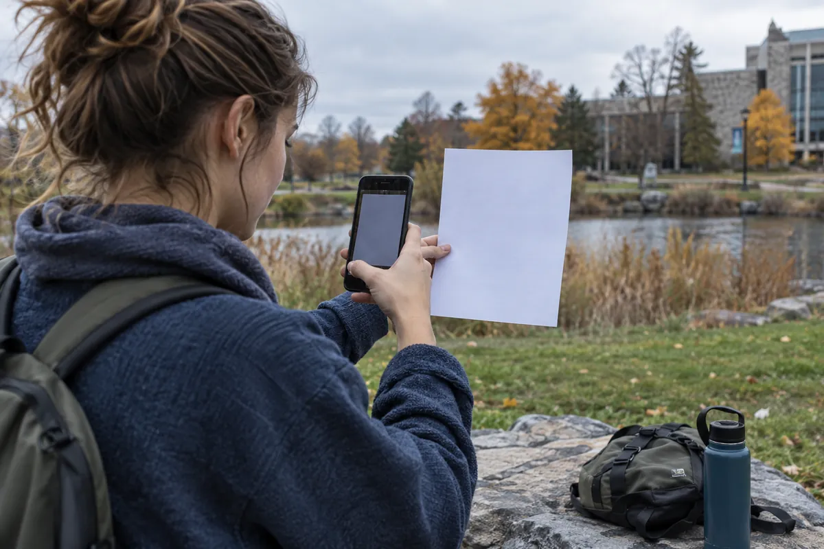Universitetsstuderende fotograferer et helt, ulæseligt naturfagsark uden synlig appflade