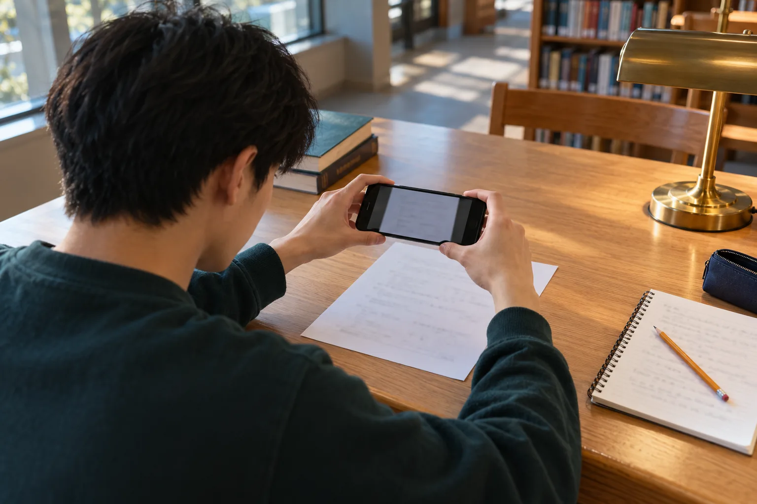 Student fotografiert ein Mathematik-Arbeitsblatt an einem Bibliothekstisch