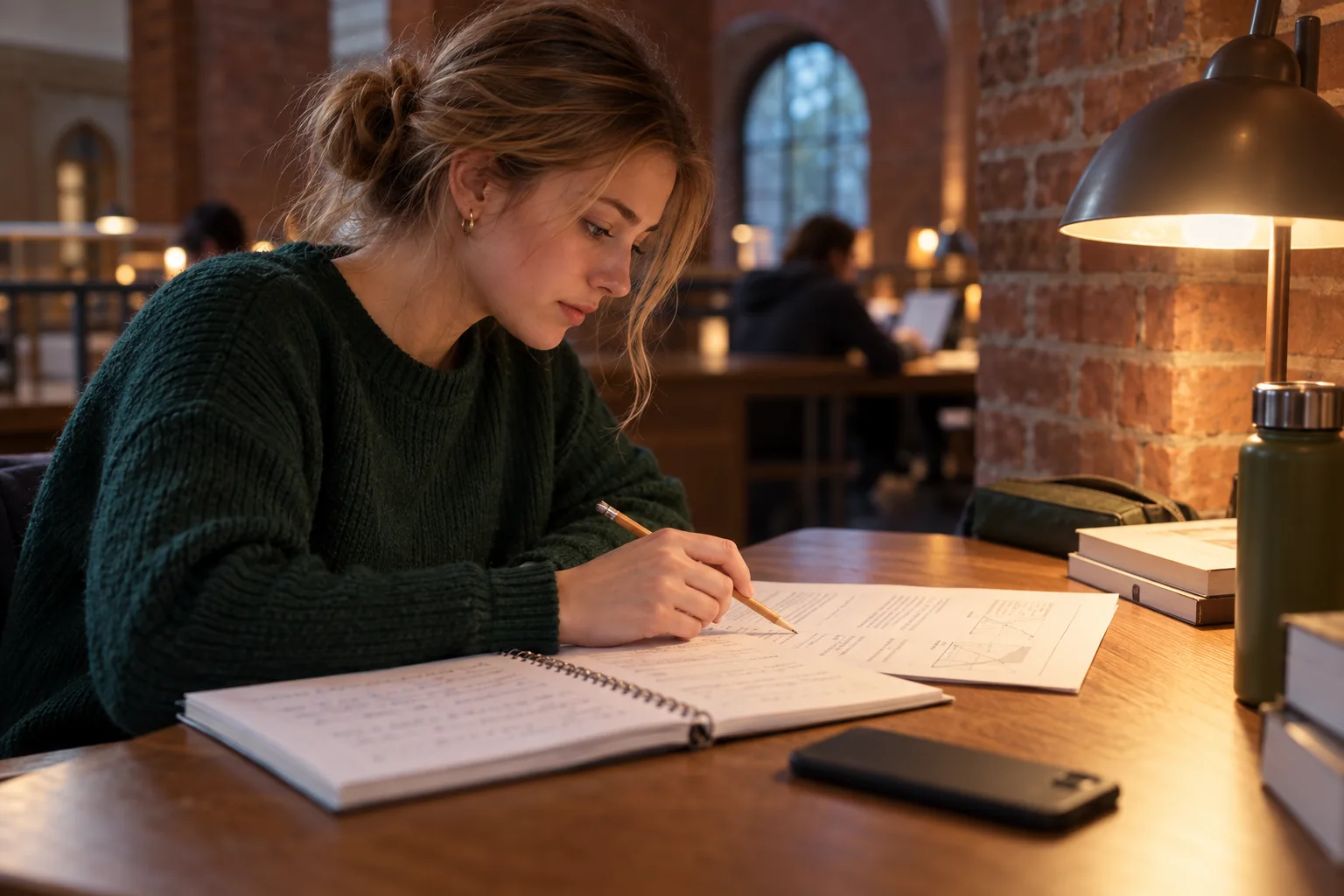 Studentin vergleicht ihren Rechenweg im Notizbuch mit einer gedruckten Aufgabe