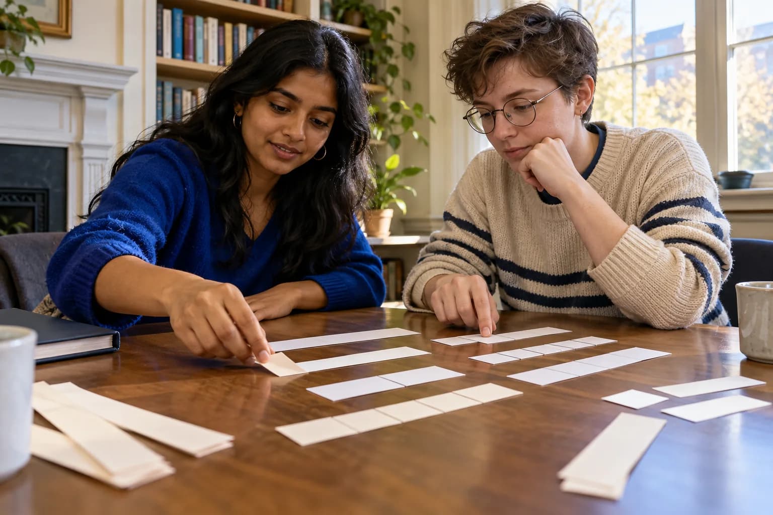 Studierende ordnen unbeschriftete Papierstreifen und besprechen gleich große Bruchteile