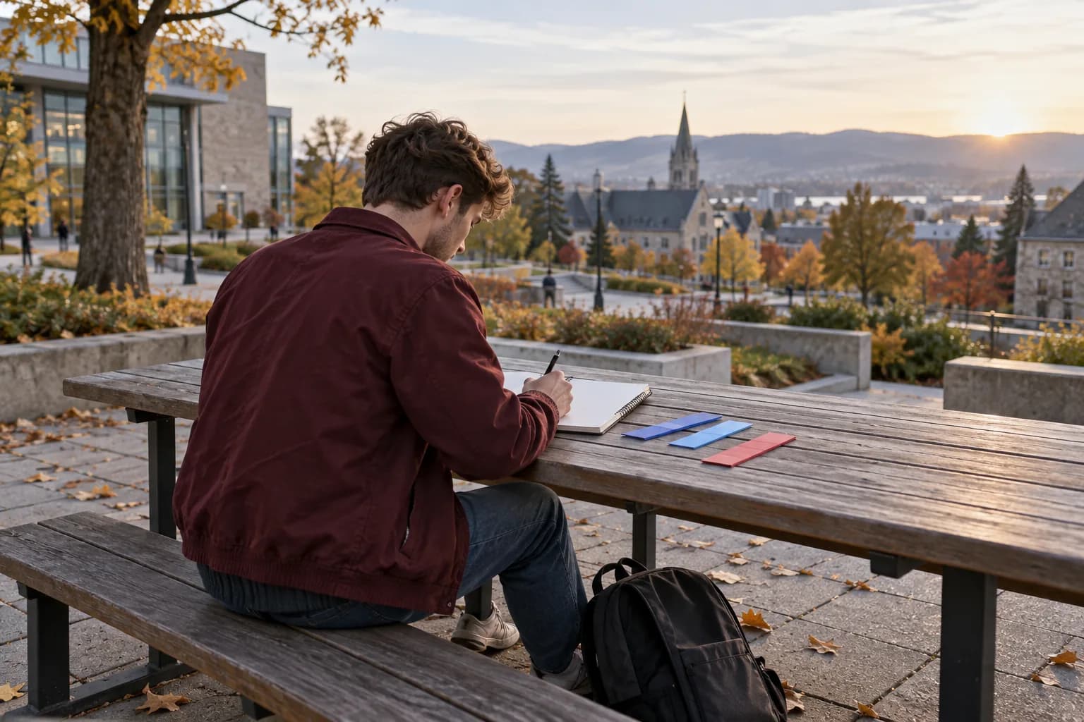 Student übt mit Notizbuch und unbeschrifteten Bruchstreifen an einem Campustisch