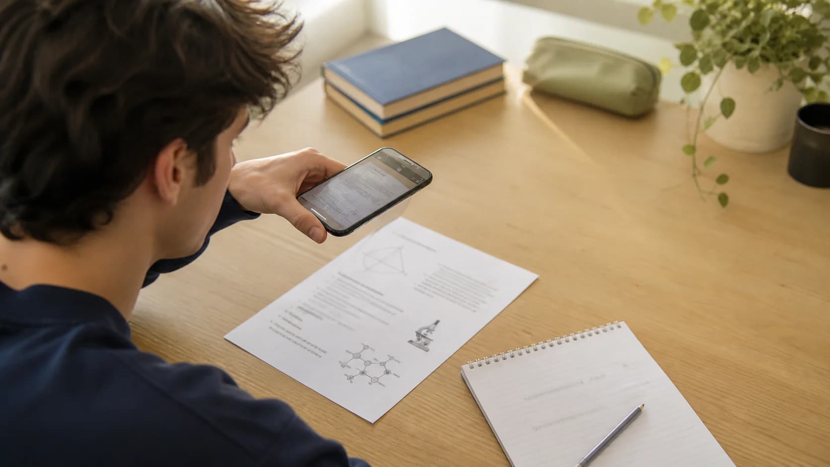 Student scanning a multi-subject homework worksheet with a phone at a bright study desk