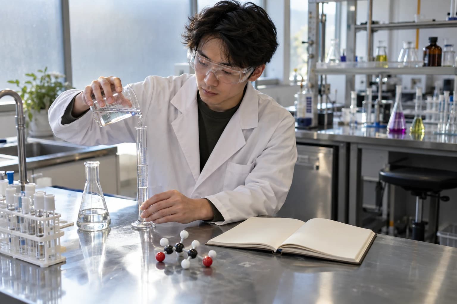 University chemistry student measuring liquid beside glassware and a molecular model in a teaching laboratory