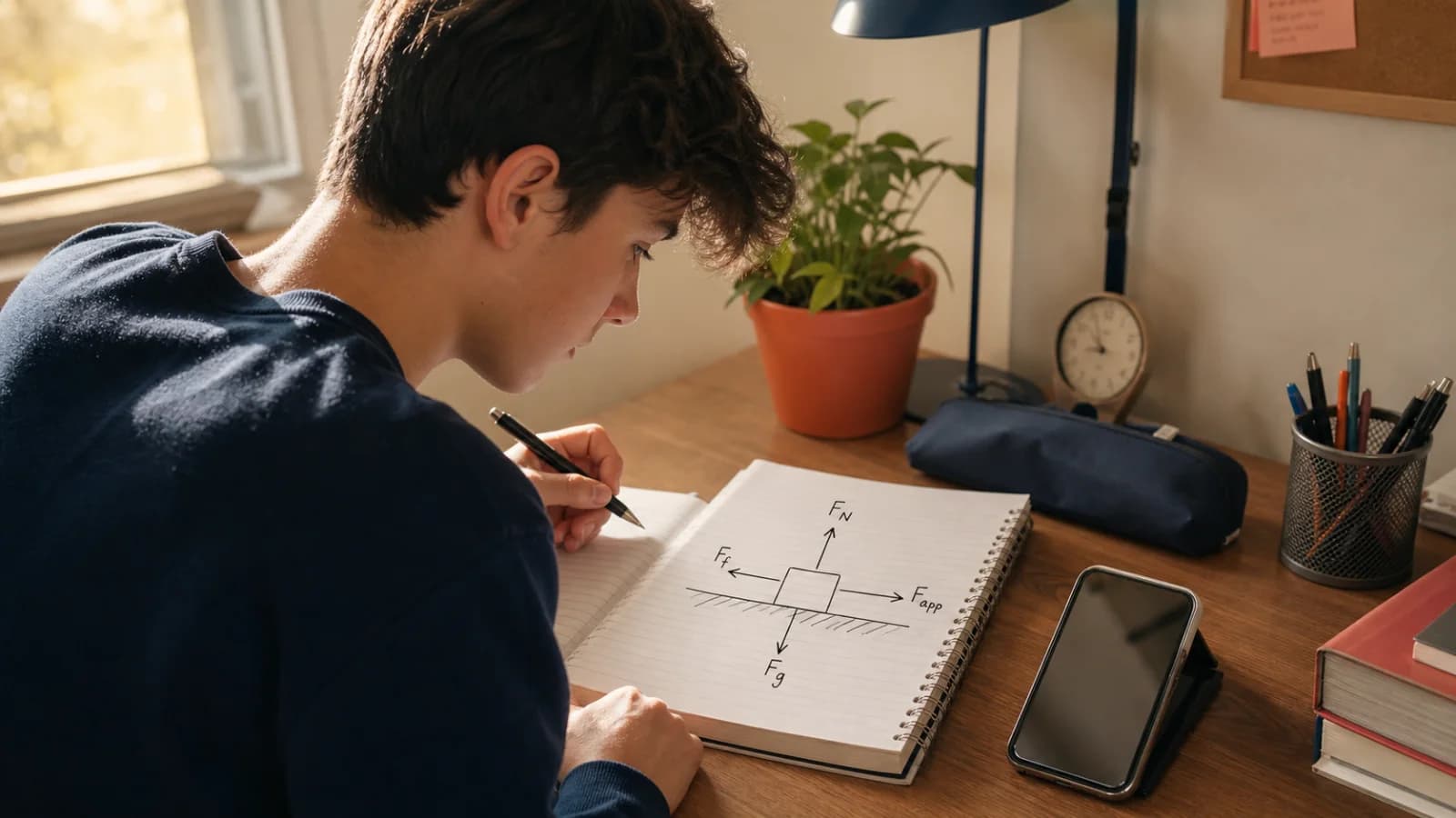 Student drawing a free-body diagram beside a phone used to scan physics homework