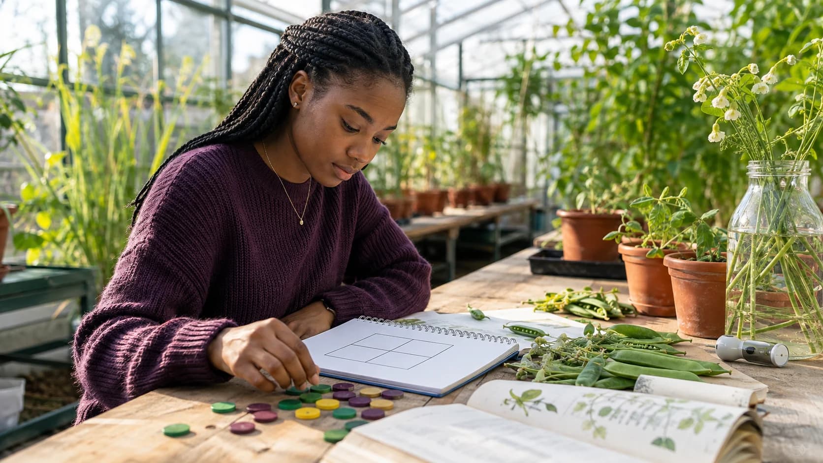 Biology student modeling a Punnett square with blank colored tokens beside pea plants in a greenhouse