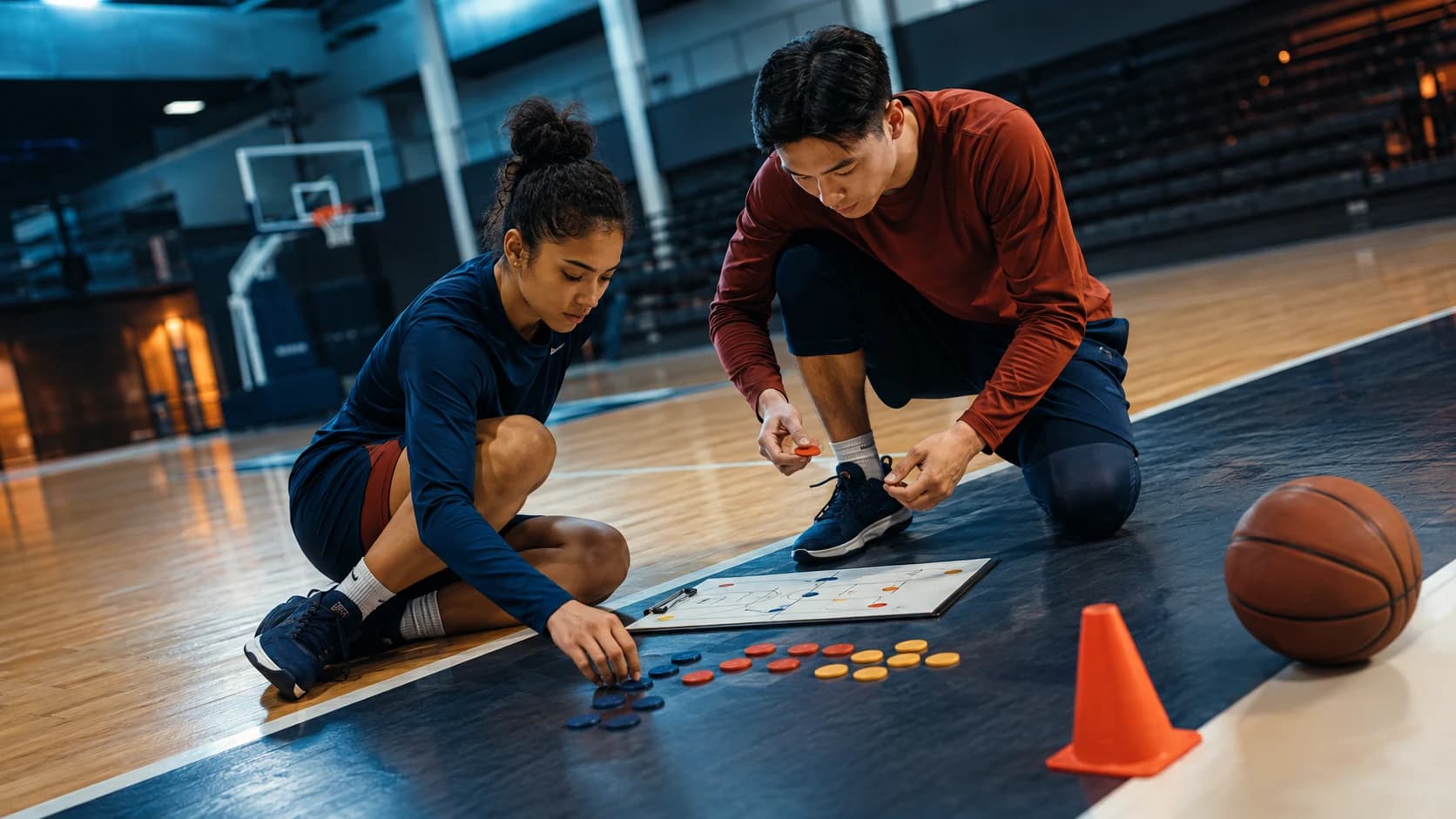 Two university athletes organizing colored data tokens beside a basketball court