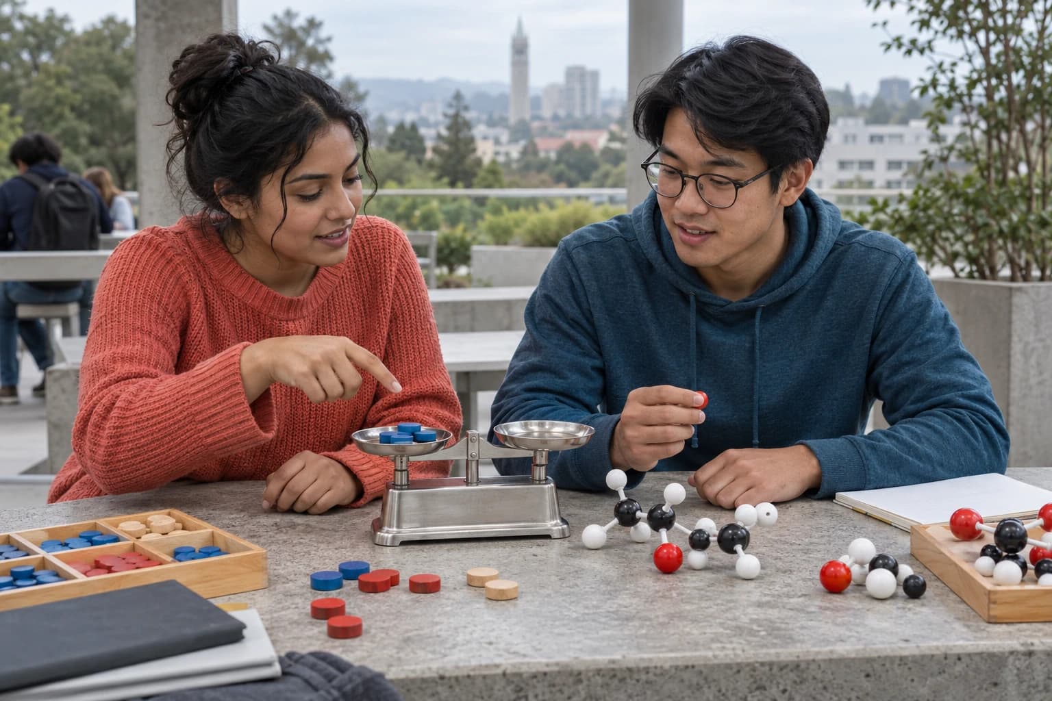 Two university students using a balance, wooden tokens, and molecular models to reason from mass to moles