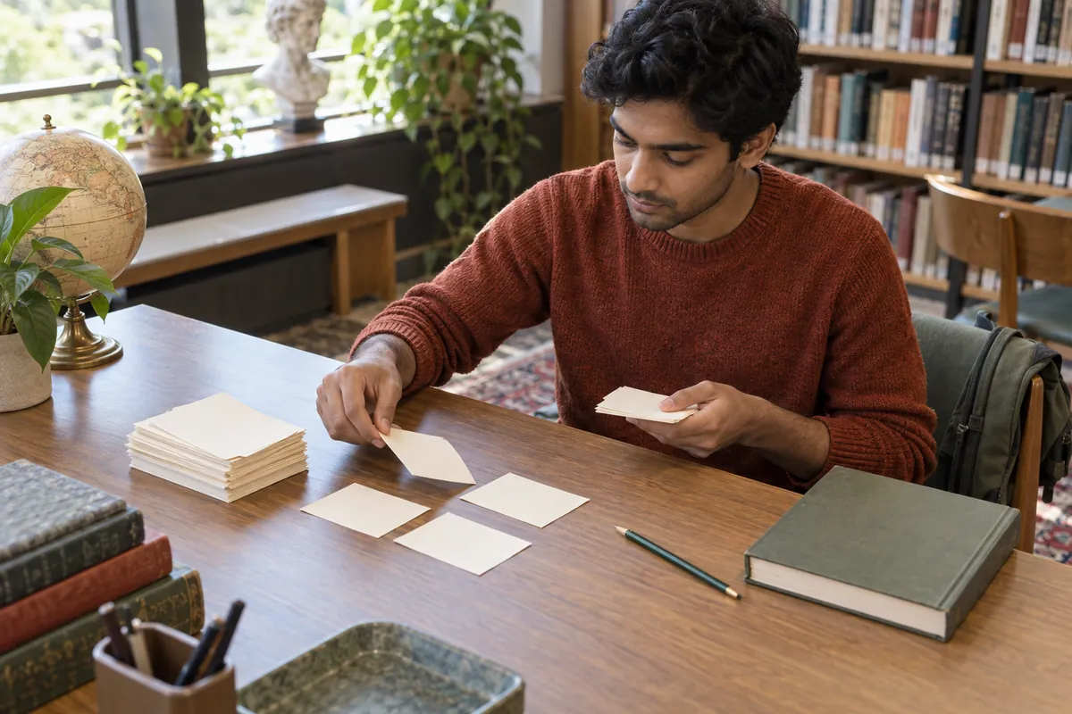 University student choosing a few blank event cards at a library table