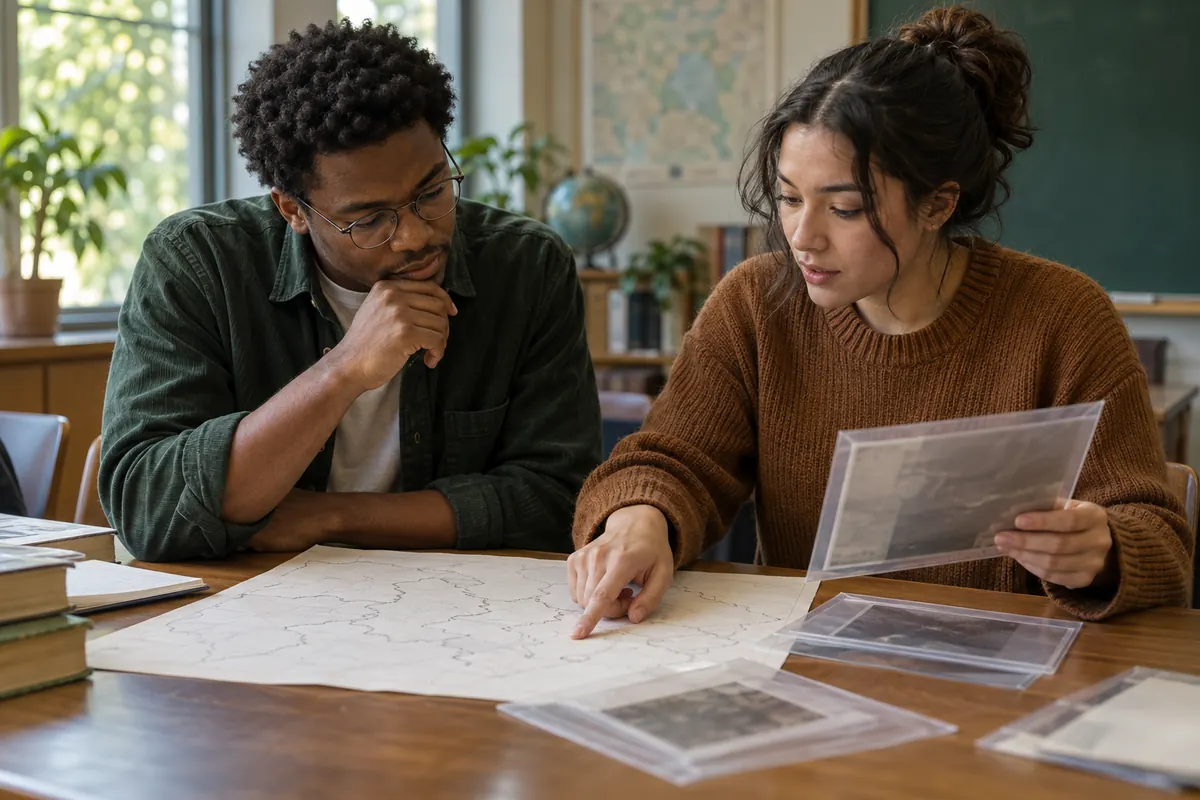 Two students discussing a blank map outline and archival sleeves in a seminar room