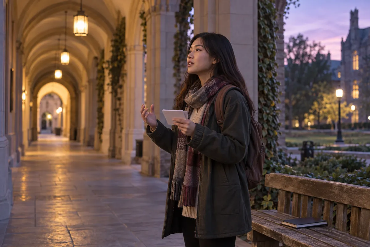 History student rehearsing a chronology from blank-backed cards under a campus walkway