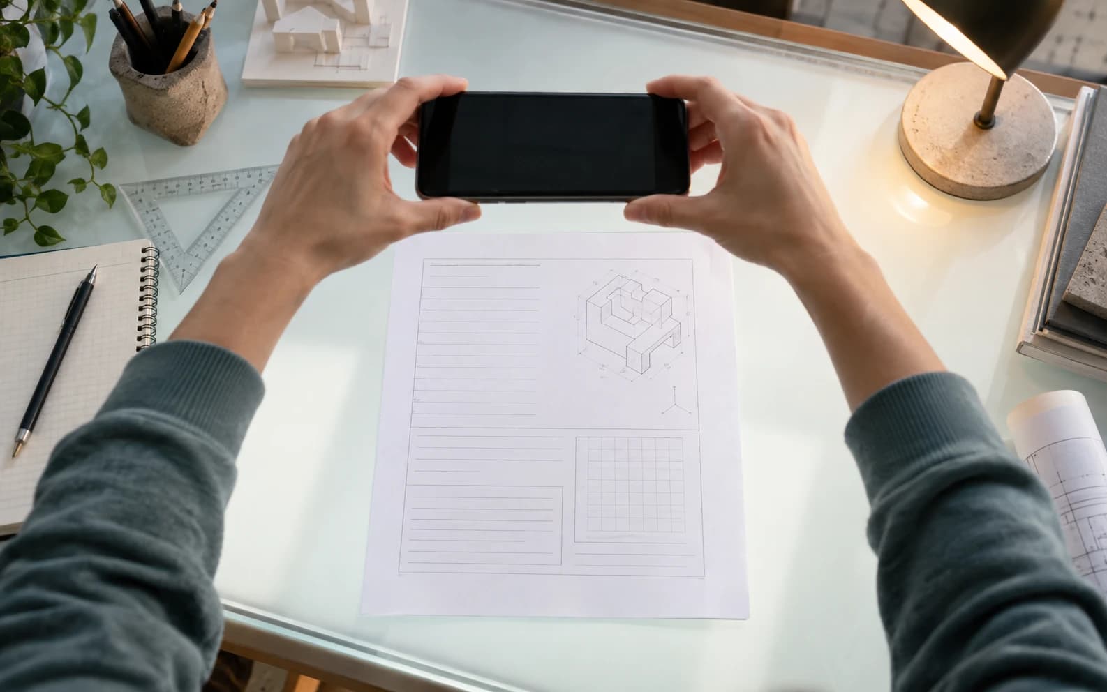 Hands aligning a phone above a complete architecture worksheet to check the full page before scanning