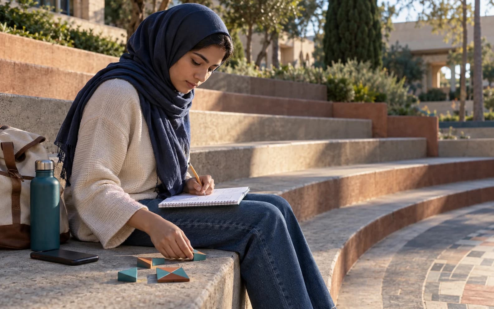University student making her own first attempt with a notebook and physical logic pieces in an outdoor amphitheater
