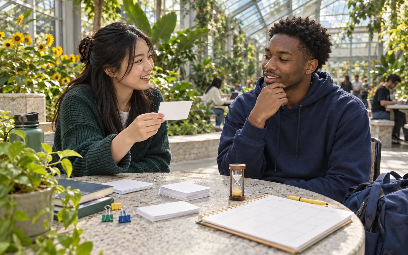 Two university students using blank flashcards and a weekly planner for active recall in a greenhouse commons