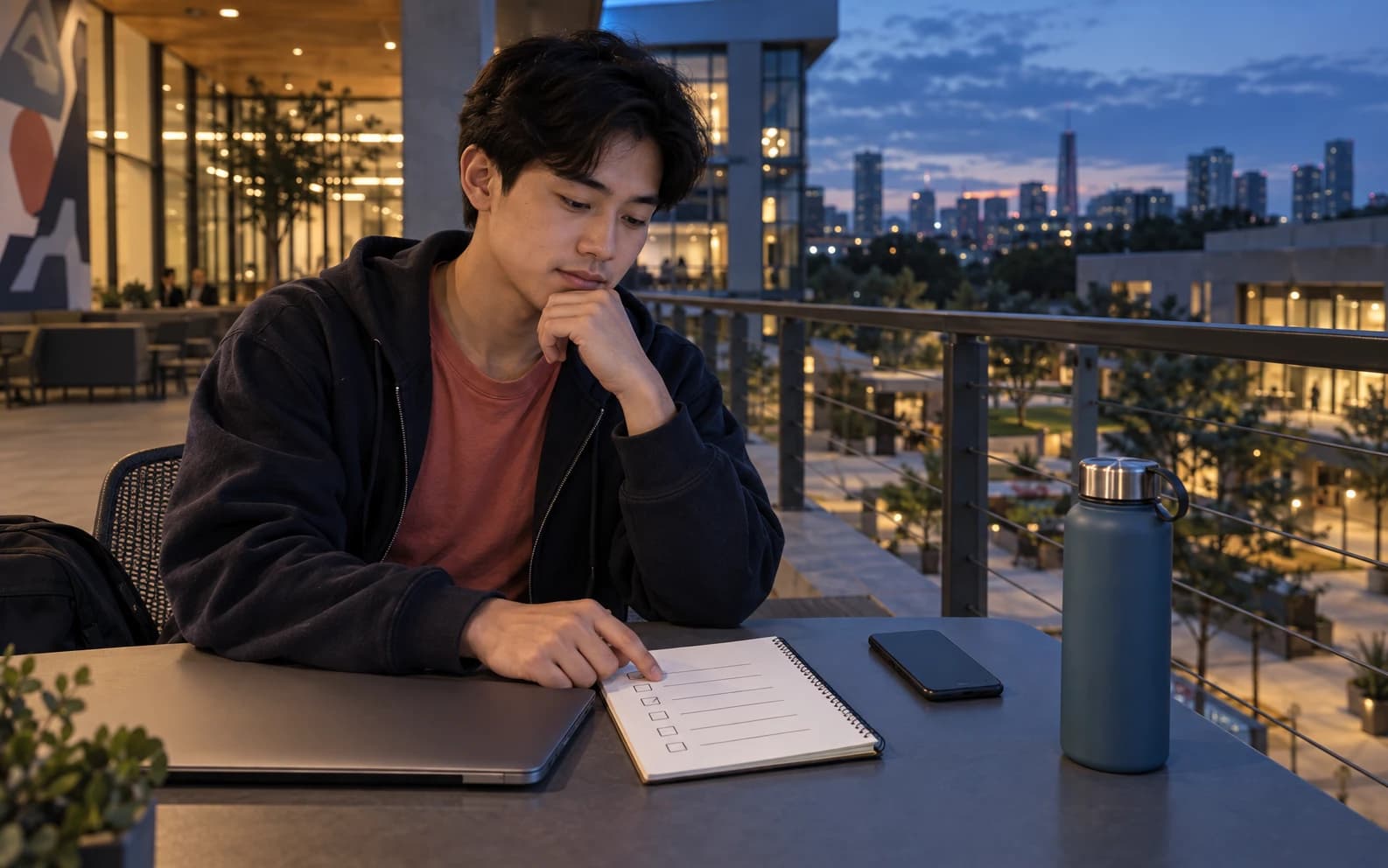 University student reviewing a blank privacy and usage checklist on a campus balcony at blue hour