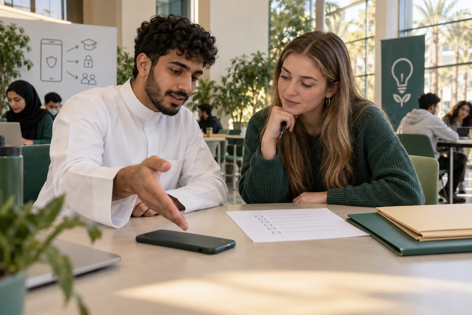 Two students discussing a checklist beside a phone placed screen down