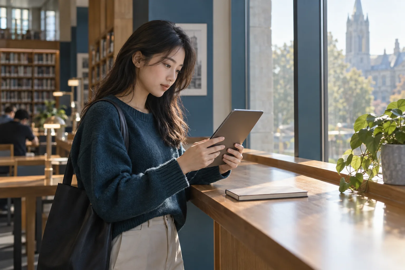 Student reading application information on a tablet with the screen turned away