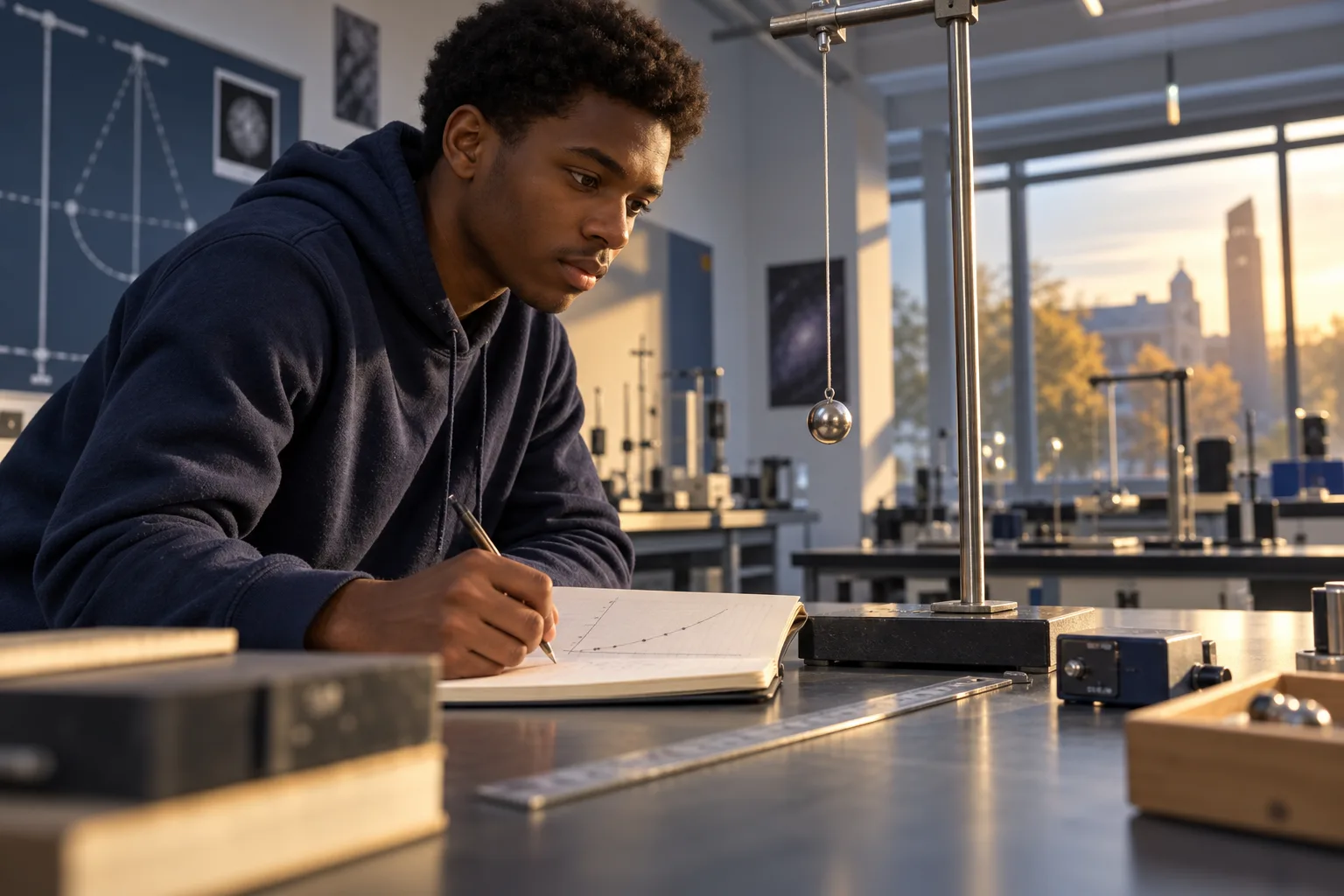 Physics student comparing a pendulum experiment with an unmarked graph in a university motion lab