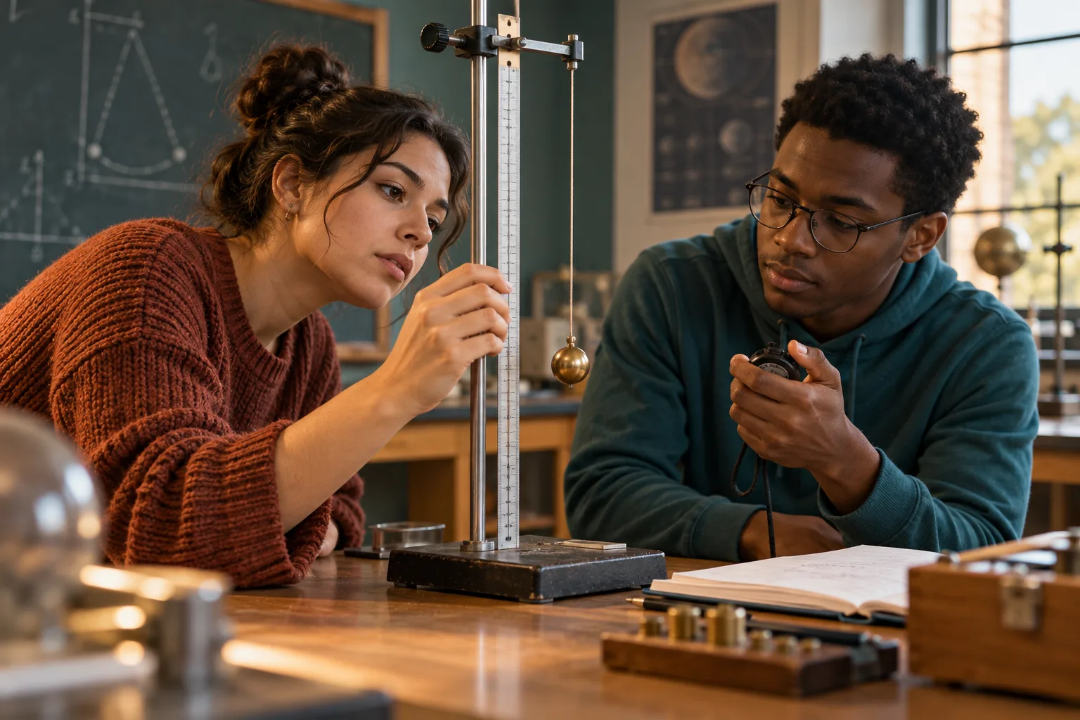 Two university students checking stopwatch timing and ruler alignment at a pendulum setup