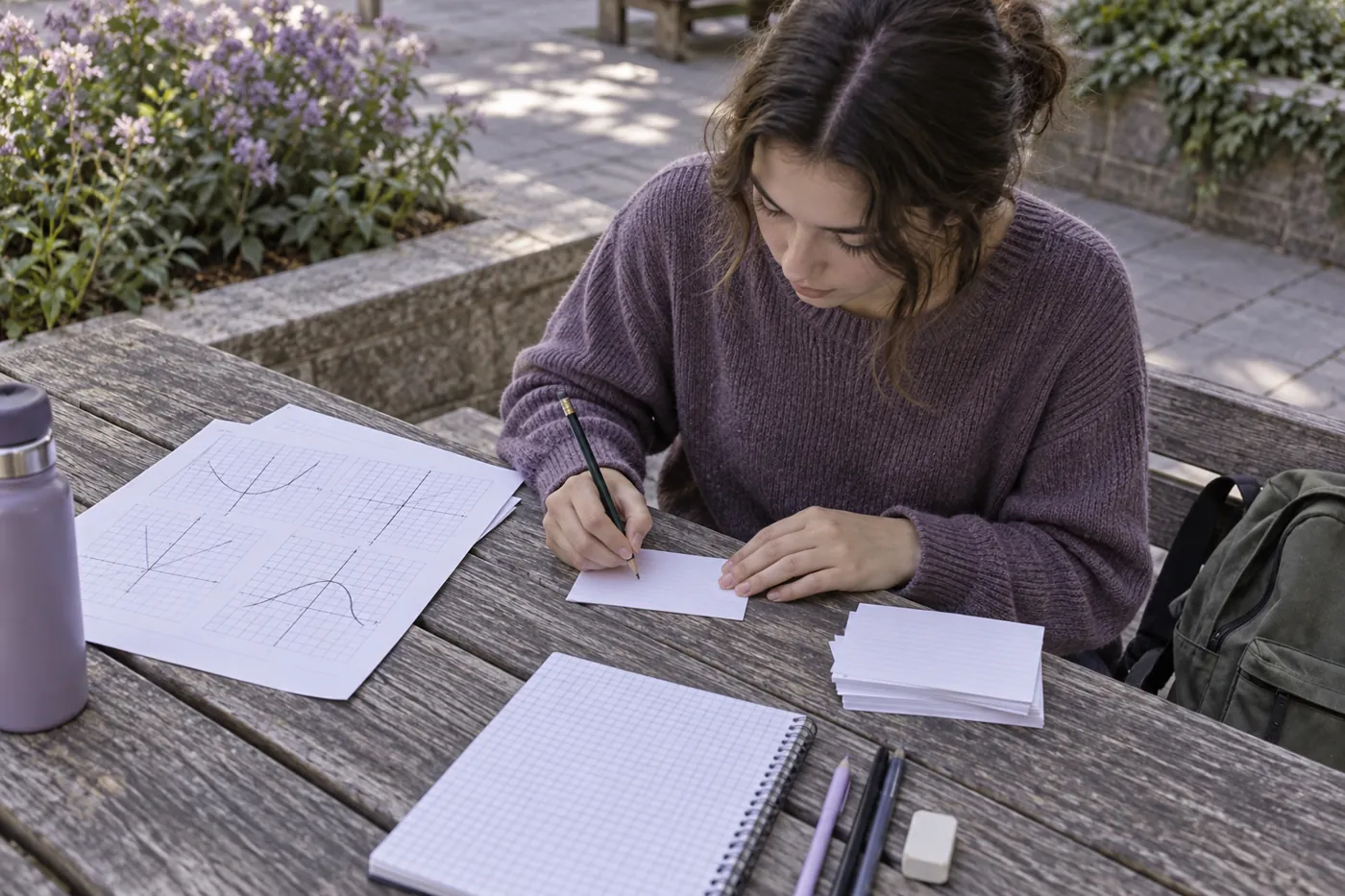 Student przygotowuje puste karty do kolejnych ćwiczeń obok papieru milimetrowego