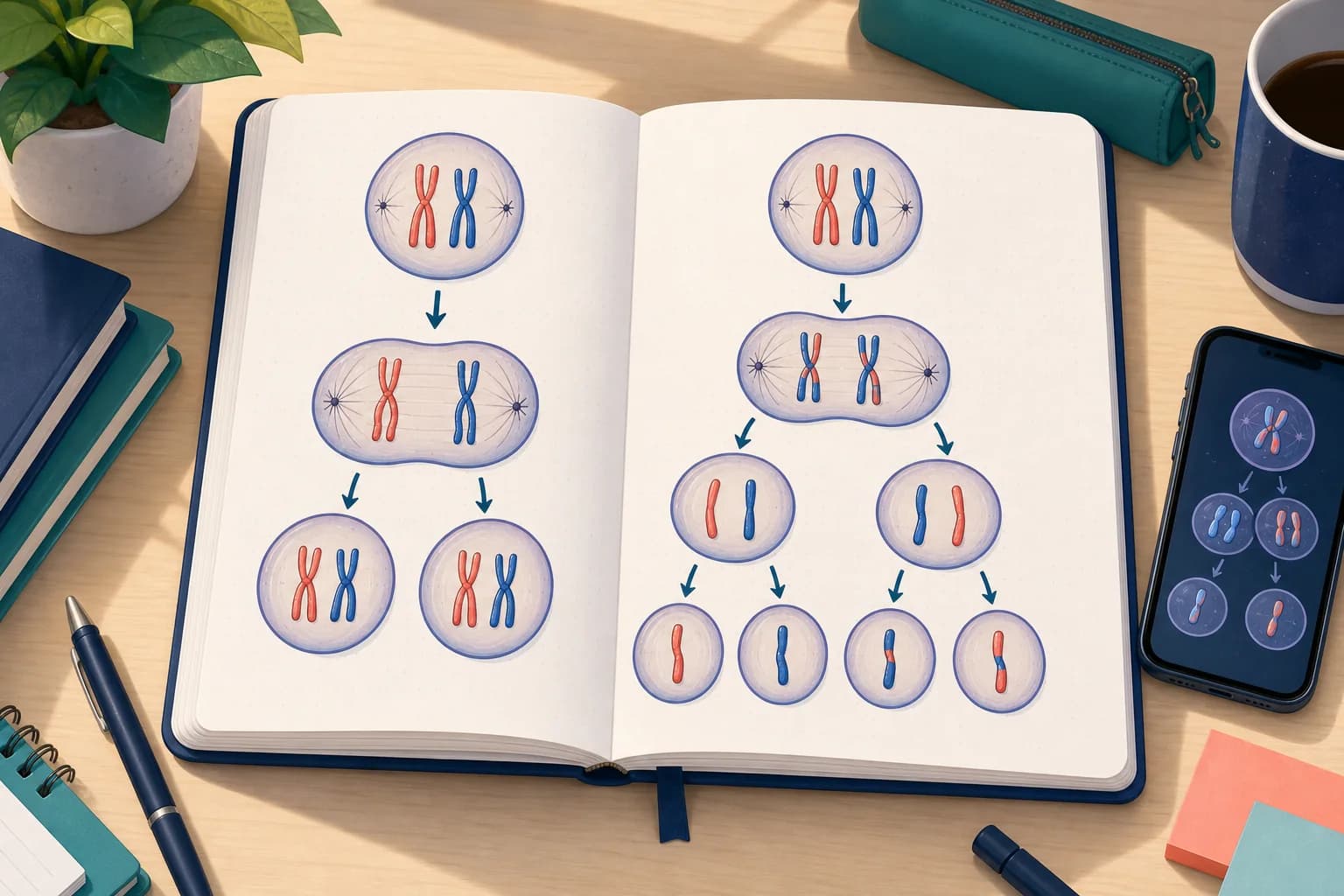 Open biology notebook comparing mitosis and meiosis beside a phone used for study support