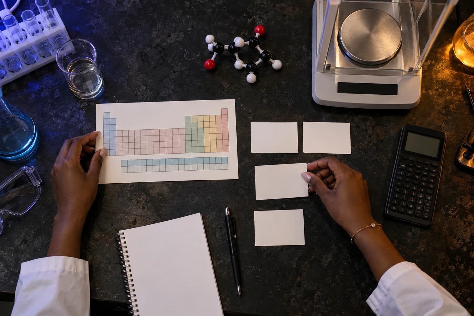 Overhead chemistry workspace with blank periodic table, molecular model, balance, calculator, and molar mass cards