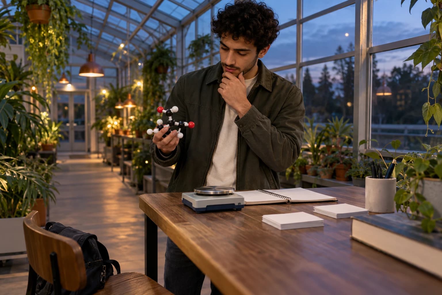 University student checking a mole conversion with a molecular model, balance, notebook, and blank practice cards in a greenhouse study nook