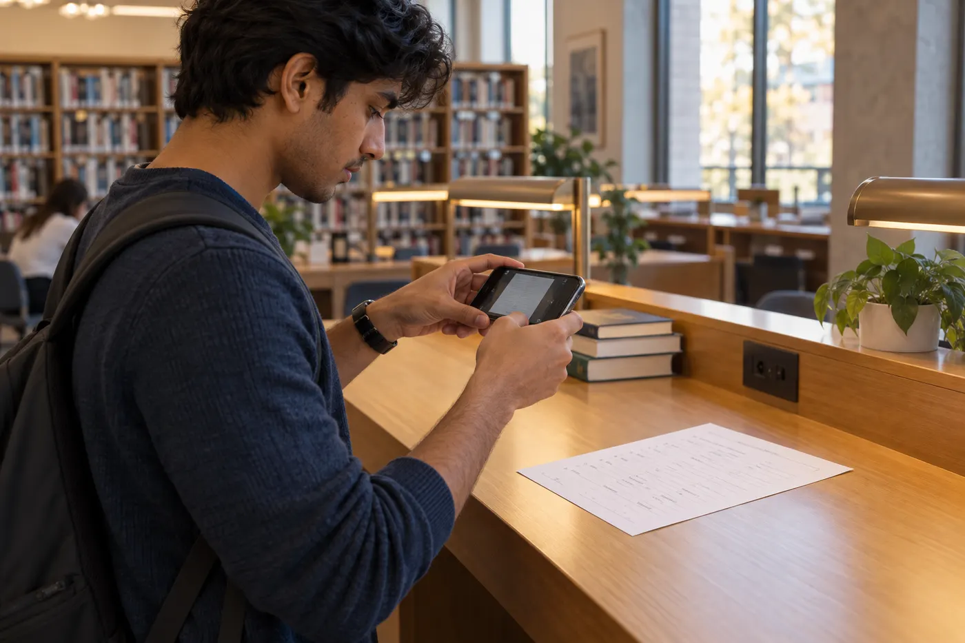 Student photographing a complete grammar exercise page with all page edges visible