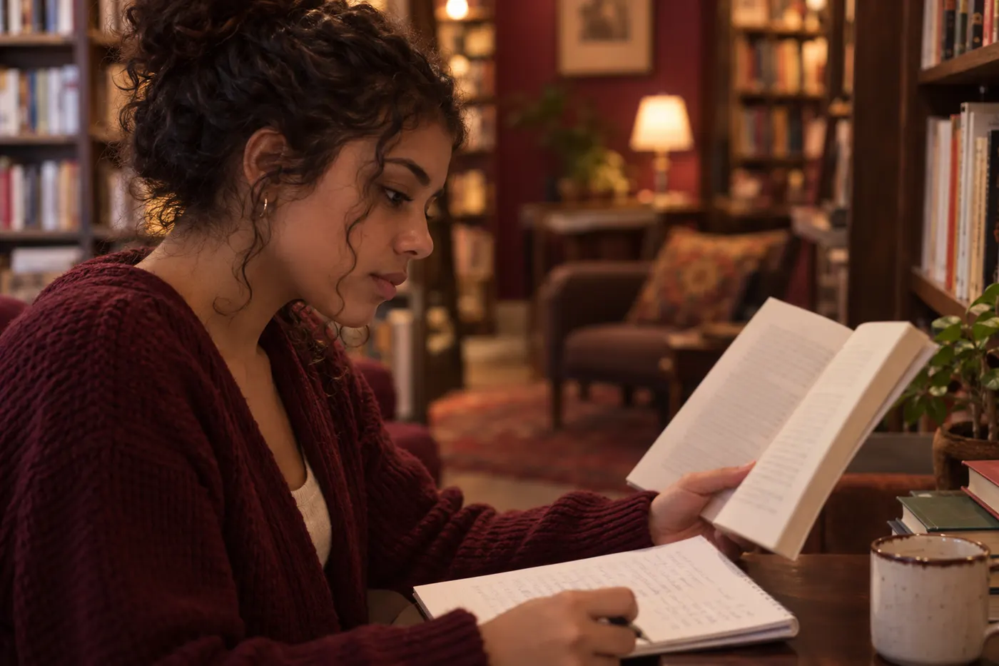 Language learner comparing a grammar draft in a notebook with a reference book