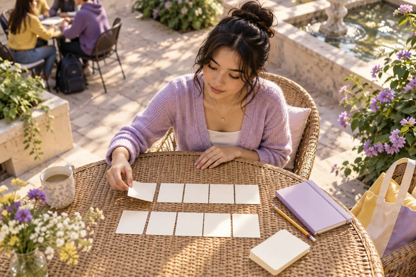 Language student arranging blank sentence cards in a sunny campus courtyard
