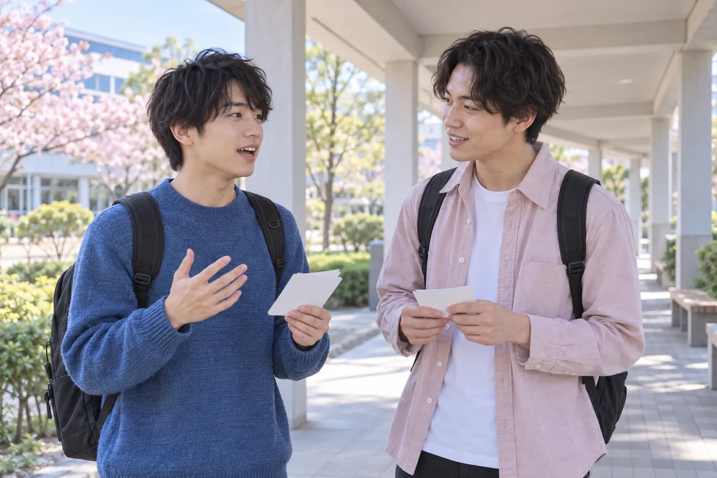 Two students rehearsing English sentence patterns with blank practice cards on a campus walkway