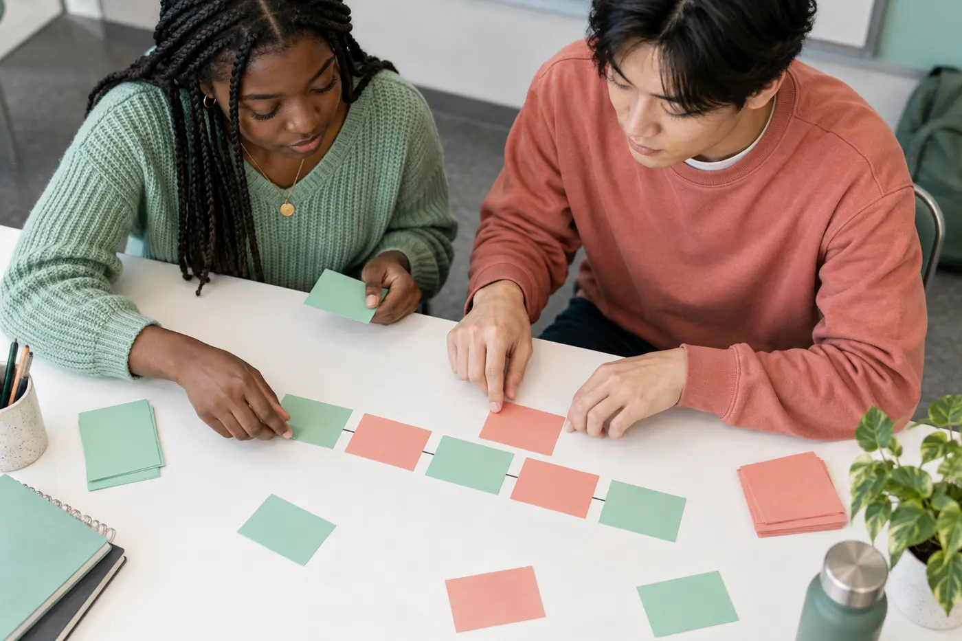 Two language students sorting blank coloured cards to represent roles in a sentence