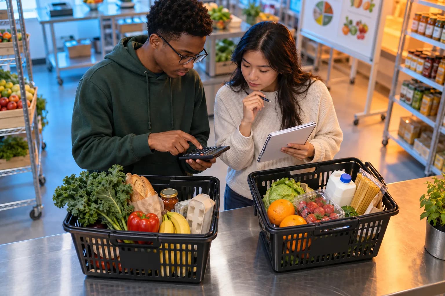Two college students checking a percentage result against two unlabeled comparison baskets