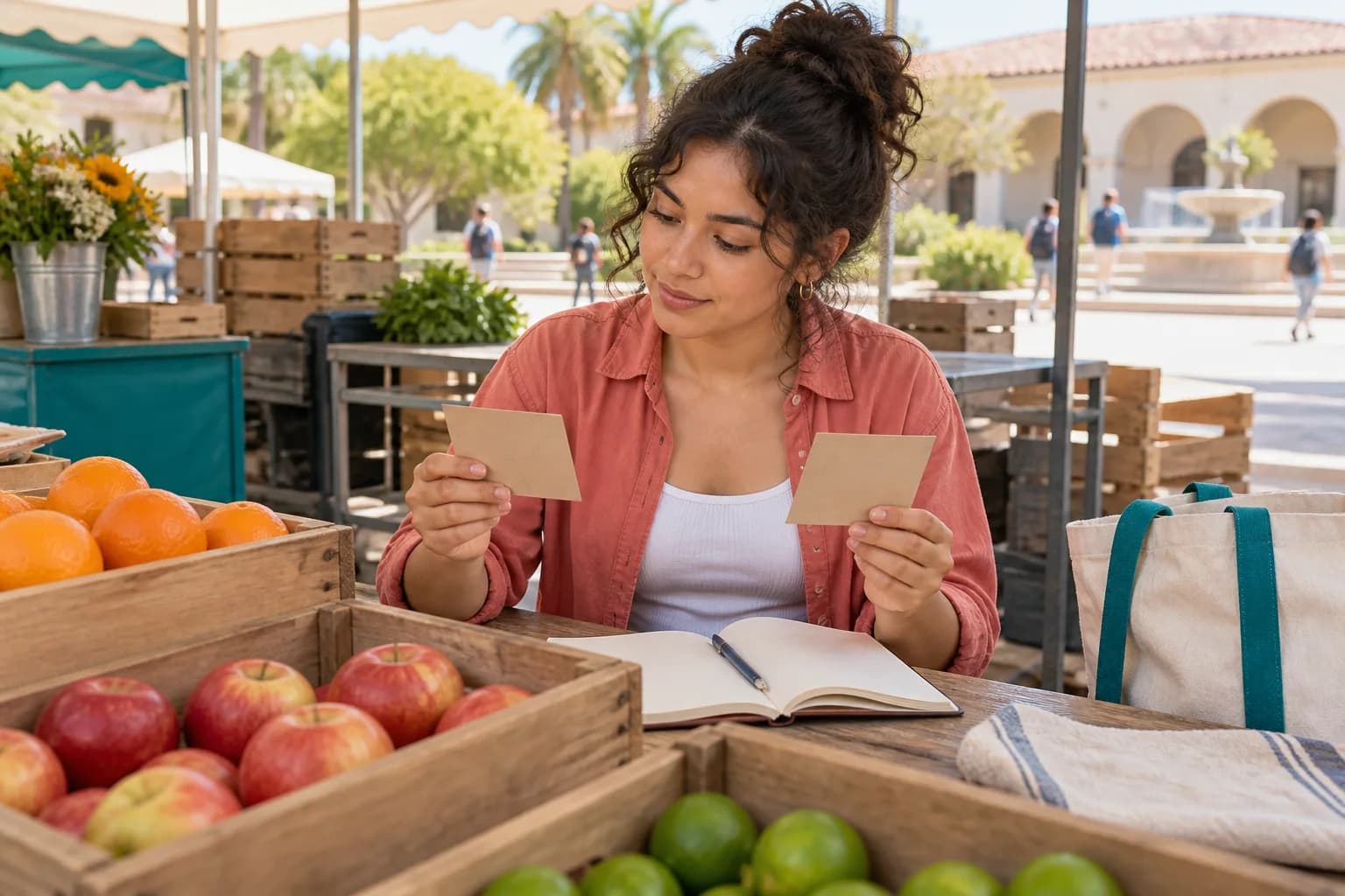 Economics student comparing two blank price cards and calculating in a notebook at a campus market stall