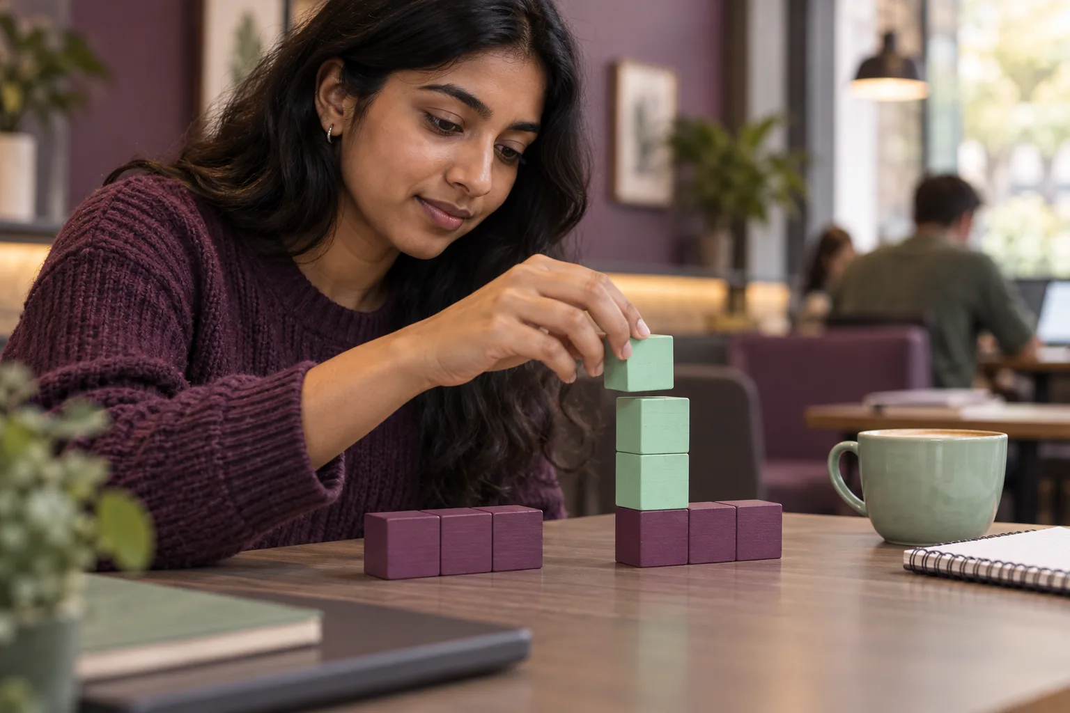 Student modeling an original amount and a percentage increase with colored wooden blocks
