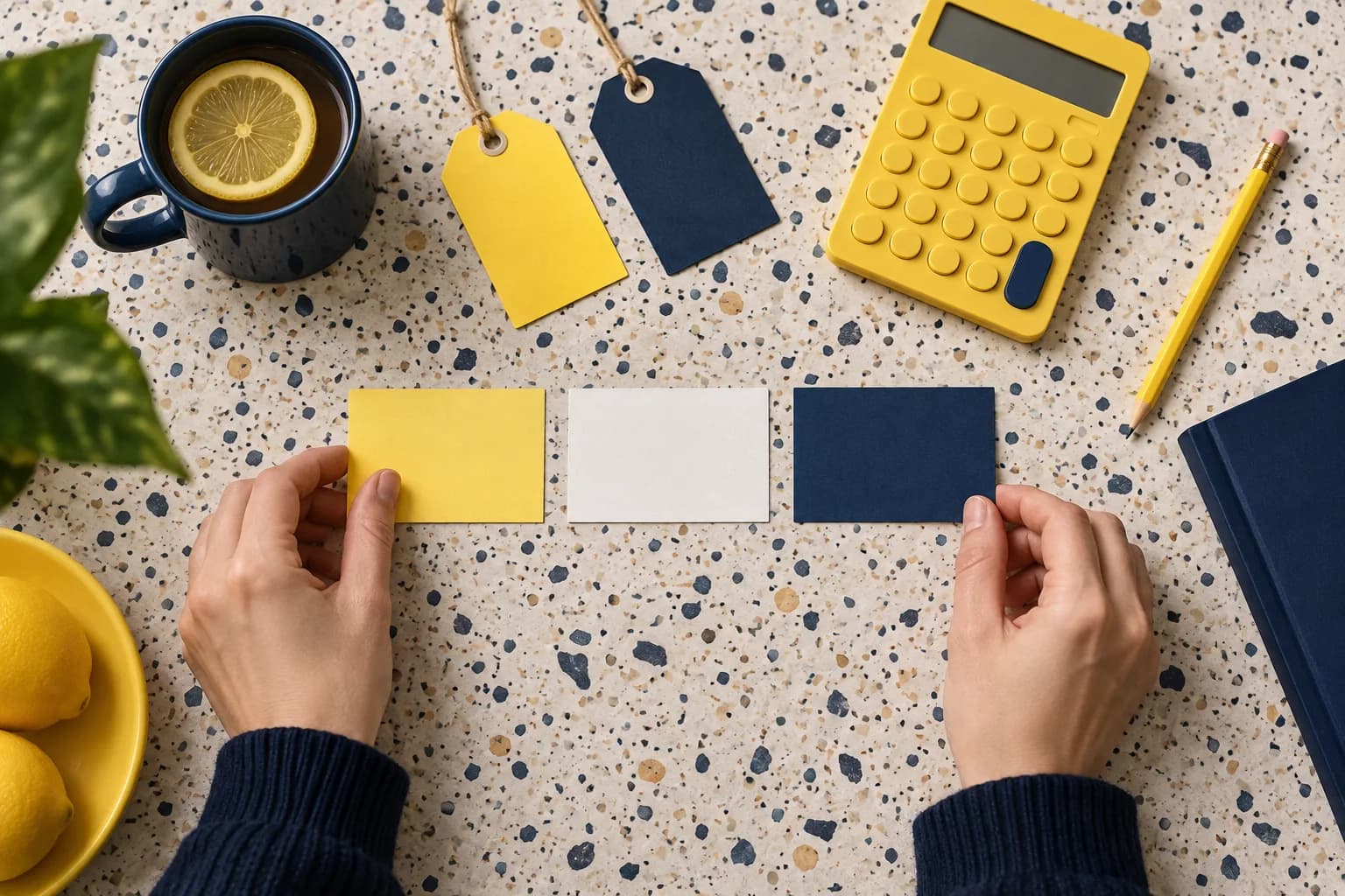 Overhead arrangement of blank old-value, change, and new-value cards beside a calculator
