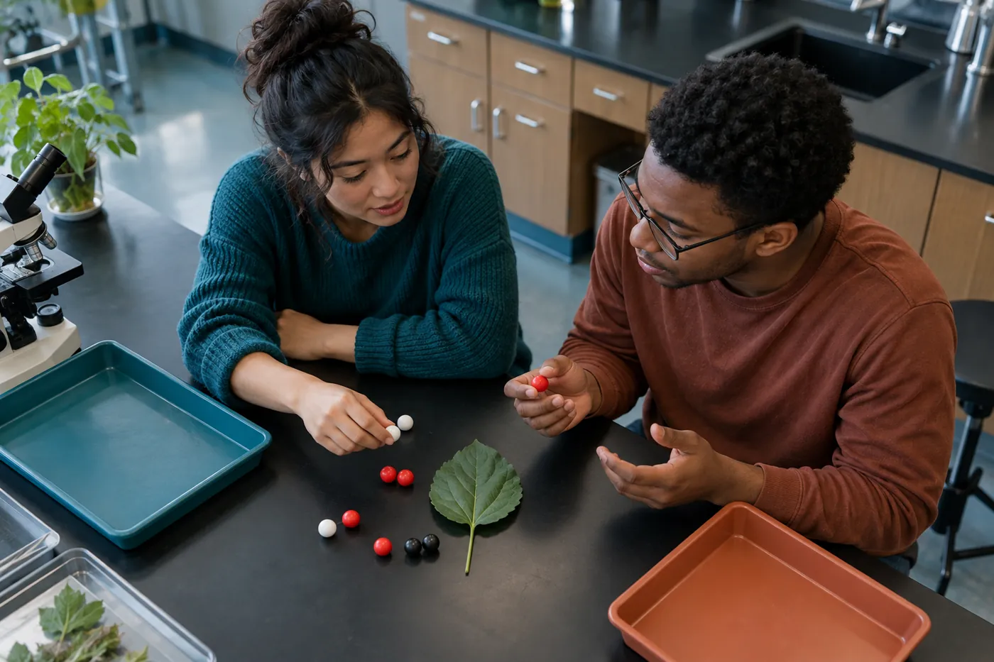 Twee studenten bespreken atomen met ongemerkte gekleurde modellen aan een practicumtafel