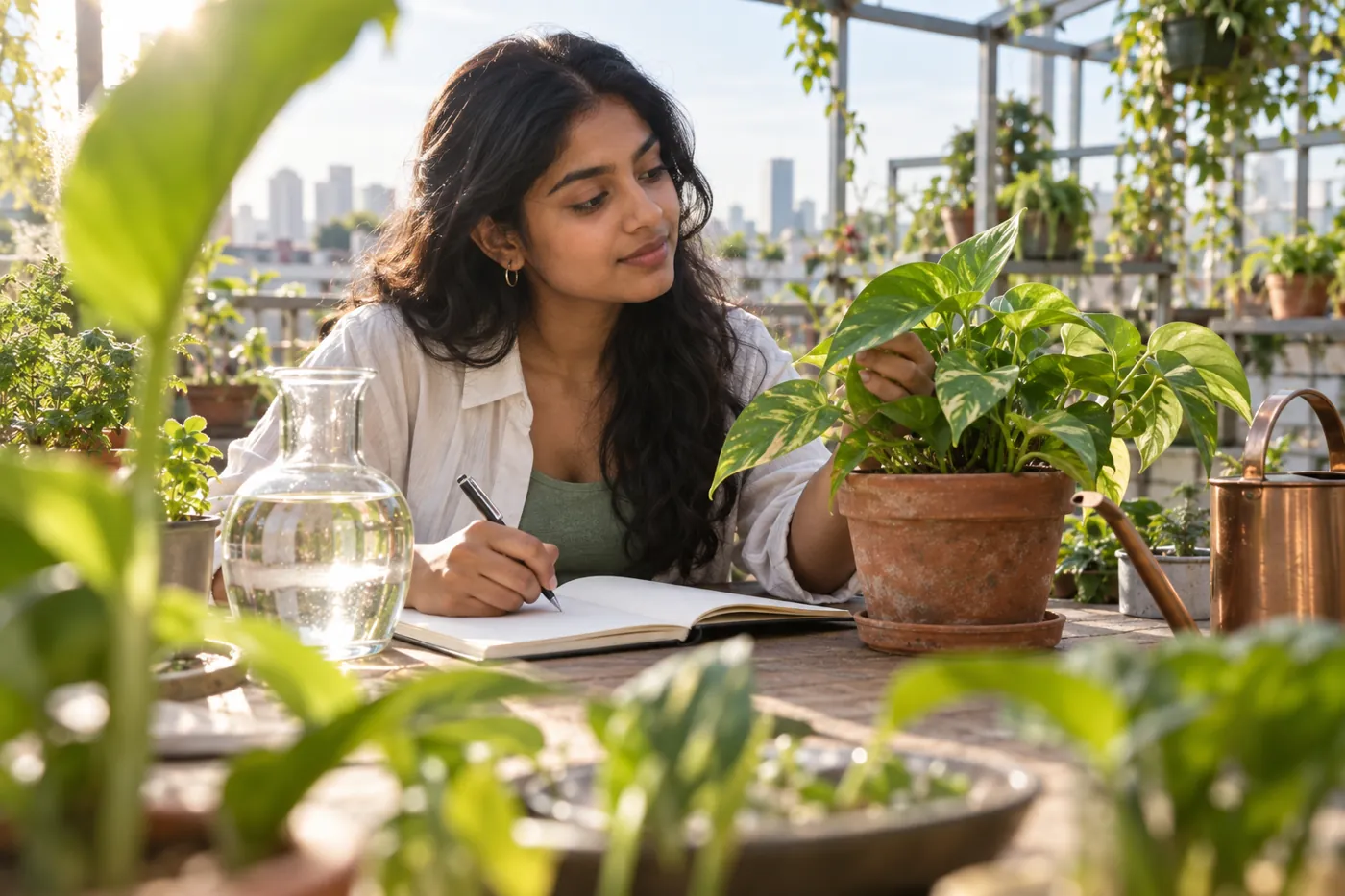 Student biologie onderzoekt een bladplant aan een zonnige studietafel in een dakkas