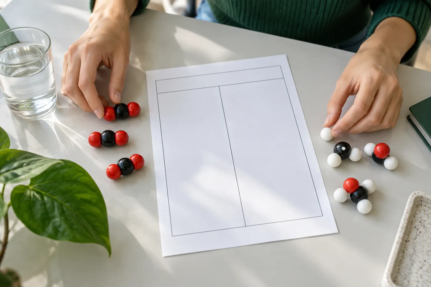 Handen leggen ongemerkte molecuulmodellen naast een leeg biologieblad en een blad van een plant