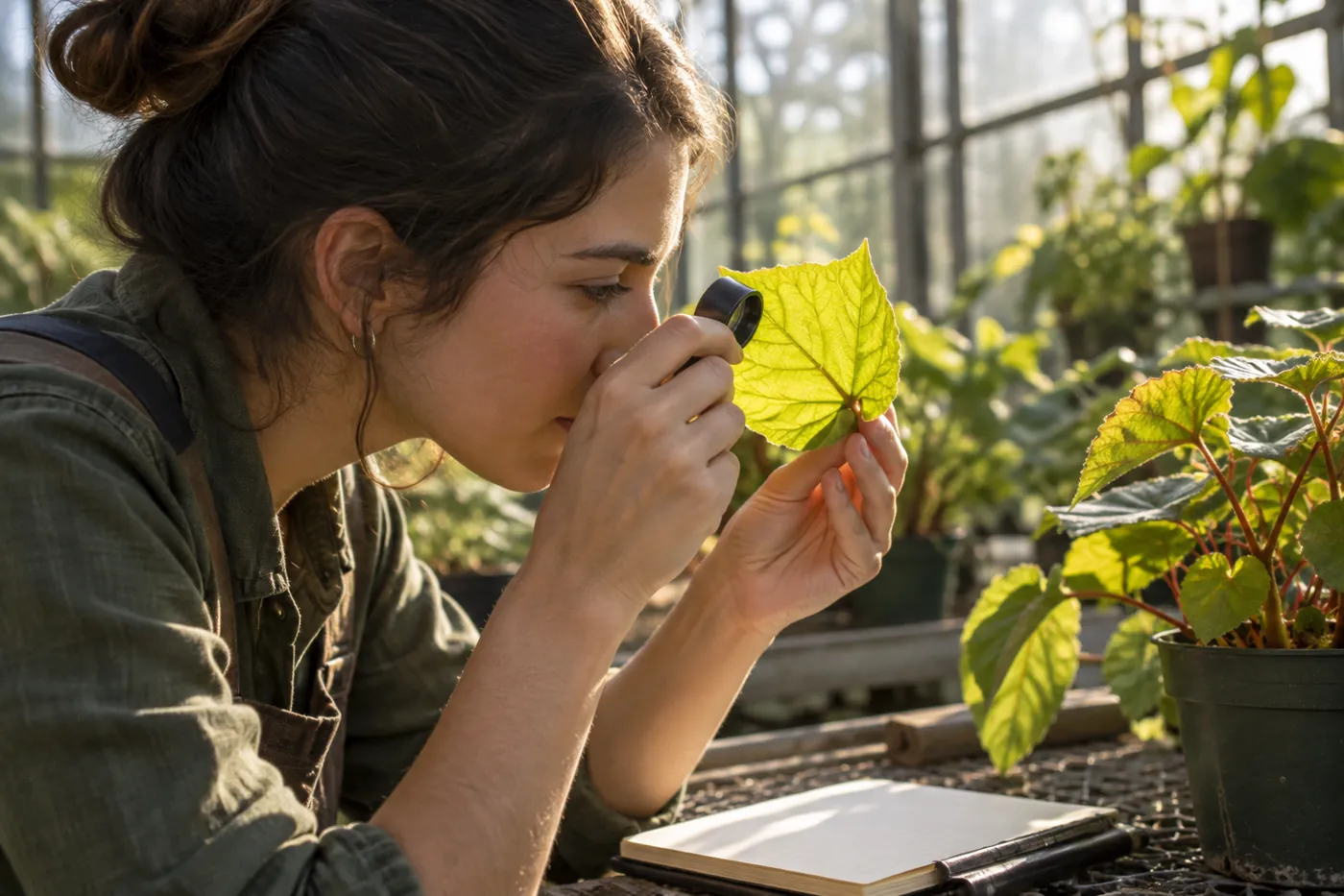 Student bekijkt met een loep een doorschijnend blad in het zonlicht bij een kasbank