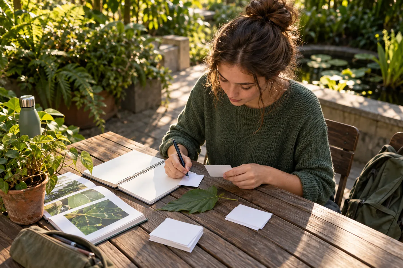Student maakt lege oefenkaartjes naast een blad aan een tafel in een campustuin