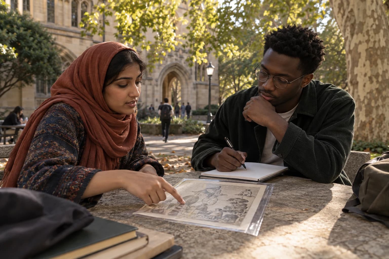 Two university students discussing an archival cartoon print in an outdoor campus courtyard