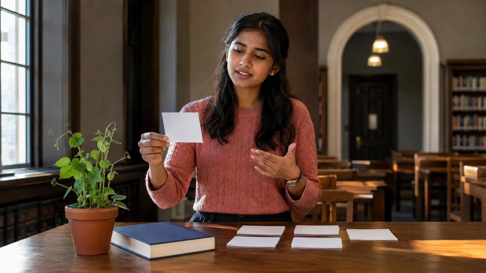 Biology student explaining a genetics concept from blank flashcards during independent practice