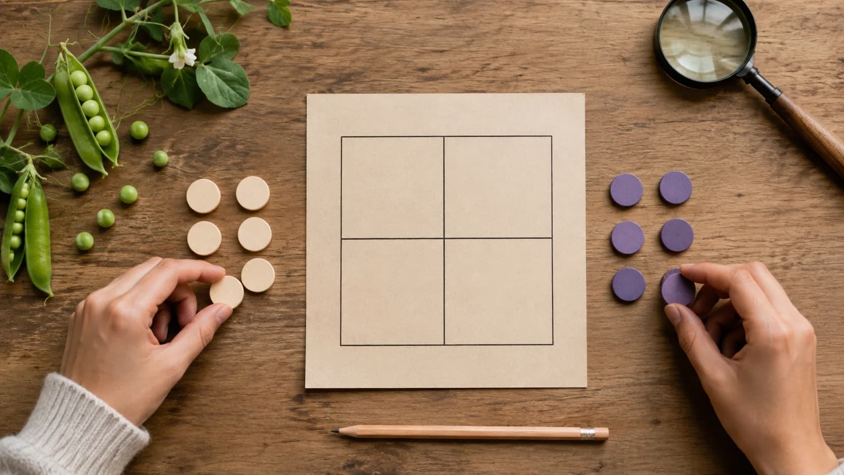 Hands sorting two colors of blank allele tokens beside an empty two by two Punnett square