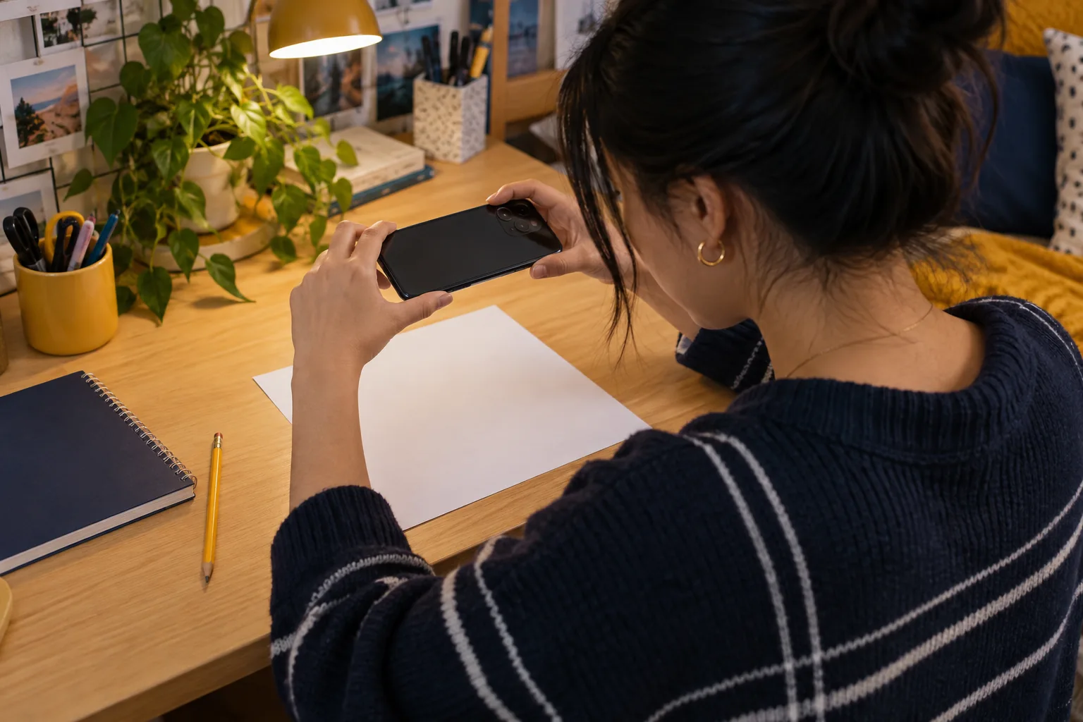 Studentin fotografiert ein vollständiges leeres Übungsblatt; das Handy zeigt seine Rückseite
