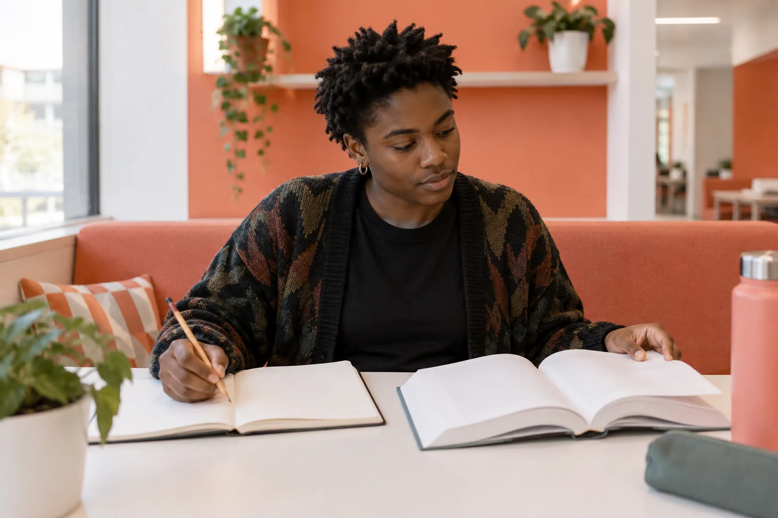 Studierende Person vergleicht eigene Notizen mit einem geöffneten Lehrbuch in einer Leseecke