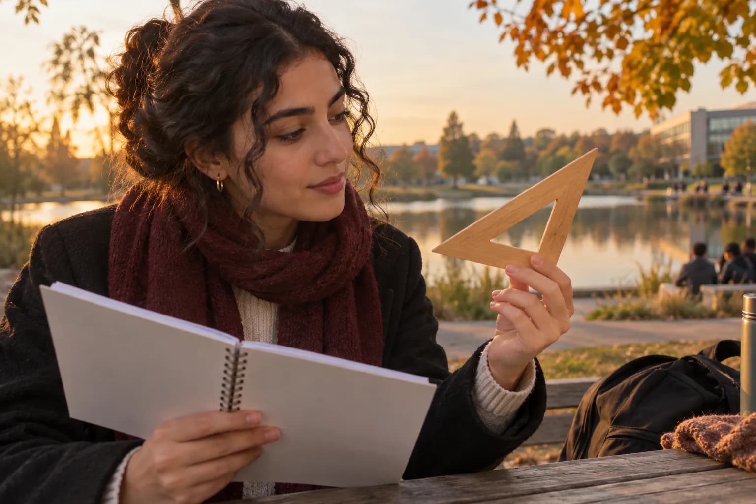 Studentin übt eine geometrische Erklärung mit Notizbuch und unbeschriftetem Geodreieck an einer Bank