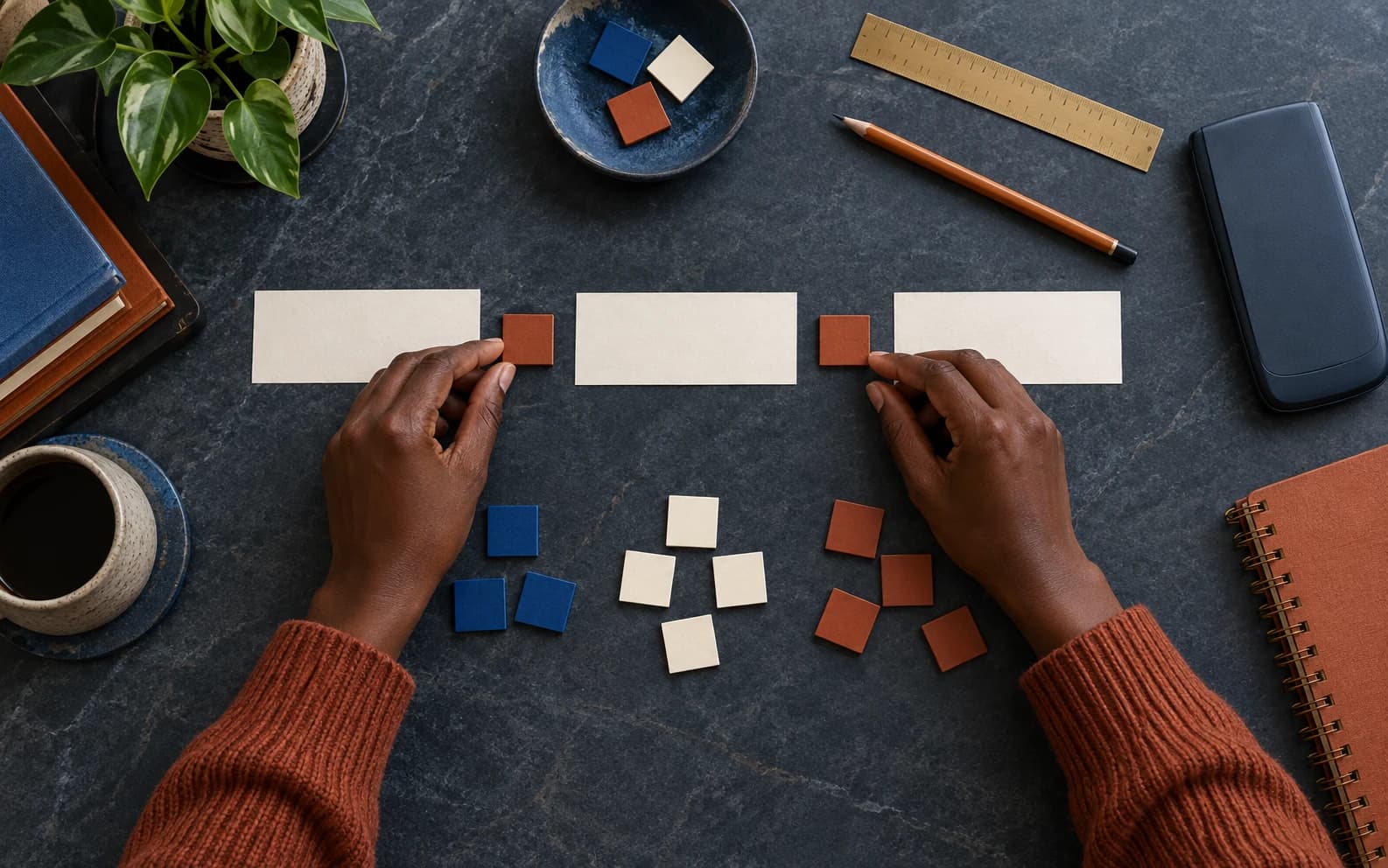 Hands arranging blank coefficient tiles into a clear standard form layout on a dark study table