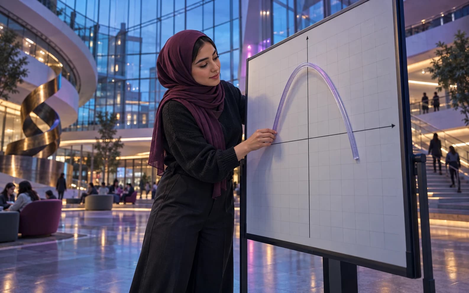 University student modelling a parabolic curve on a blank coordinate grid in a glass campus atrium