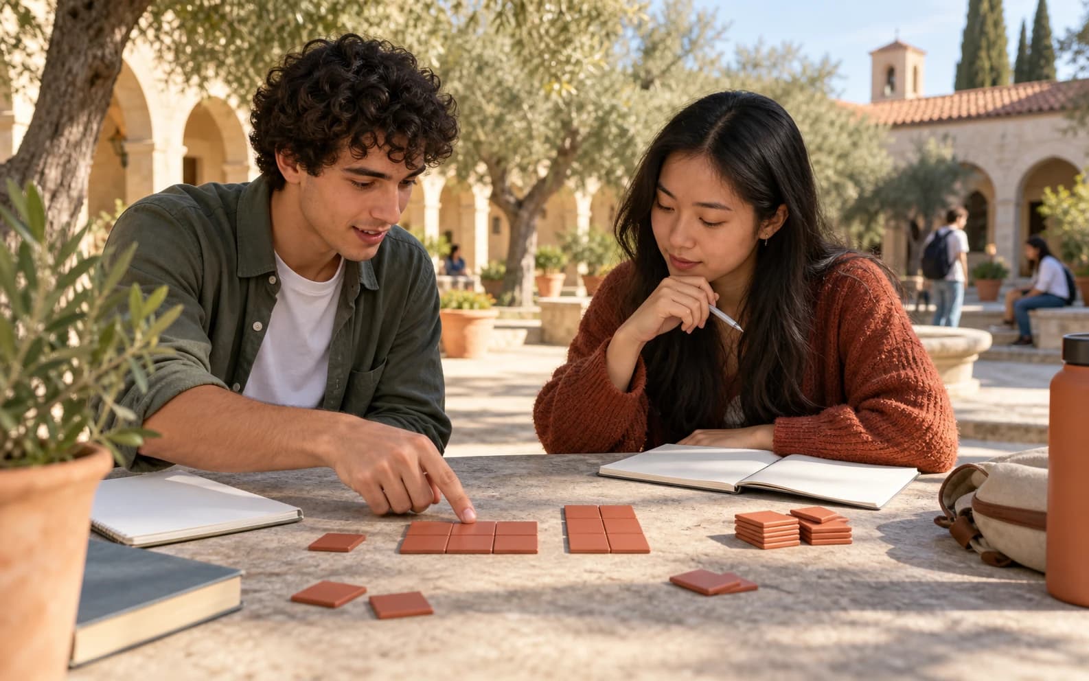 Two university students exploring factor pairs with unmarked area tiles in a sunny campus courtyard